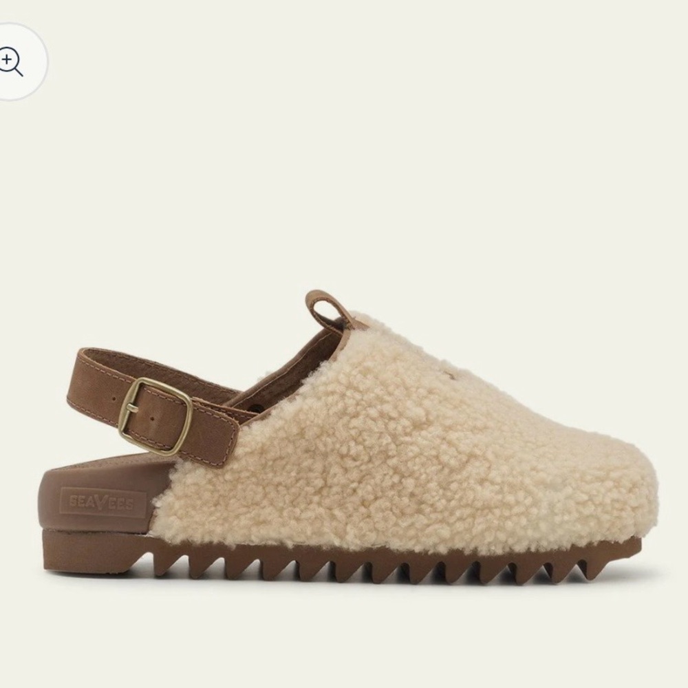 Seavees Cream Shearling Clogs with Tan Strap
